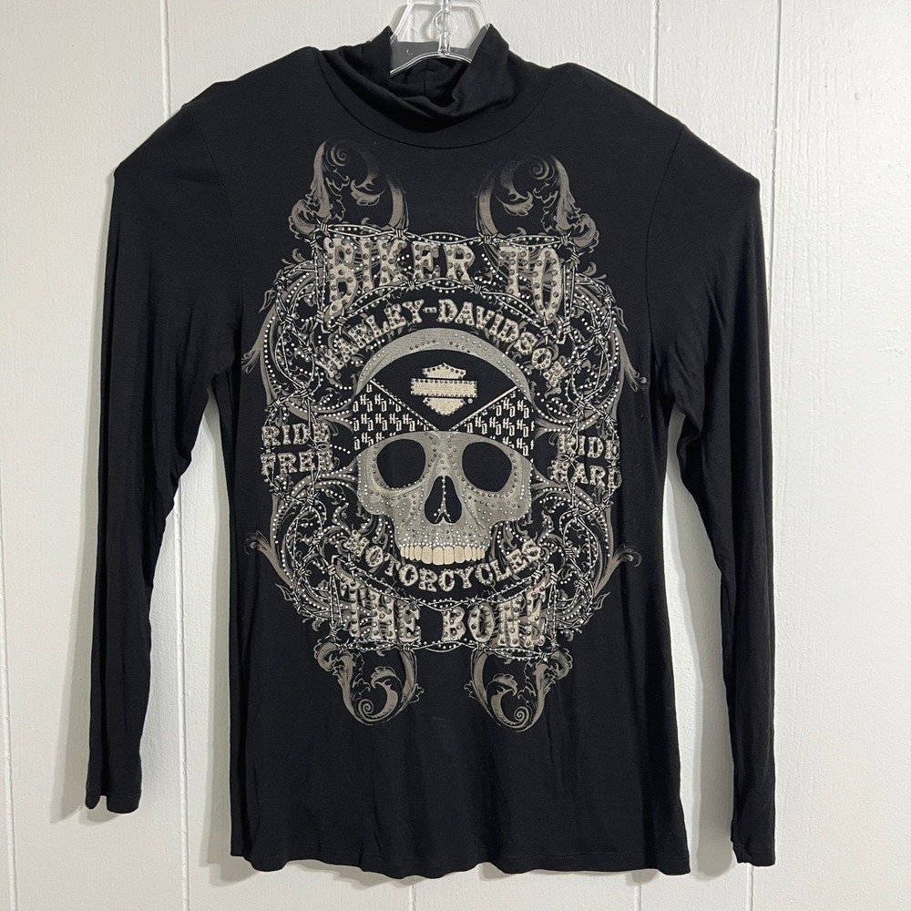 Harley Davidson‎ Womens Black Rhinestone Skull Mock Neck Keyhole Top Size M